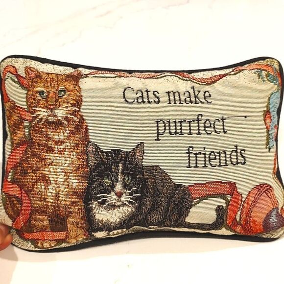 Cats Make Purrfect Friends Feline Follies Tapestry Pillow Vintage - Picture 1 of 11